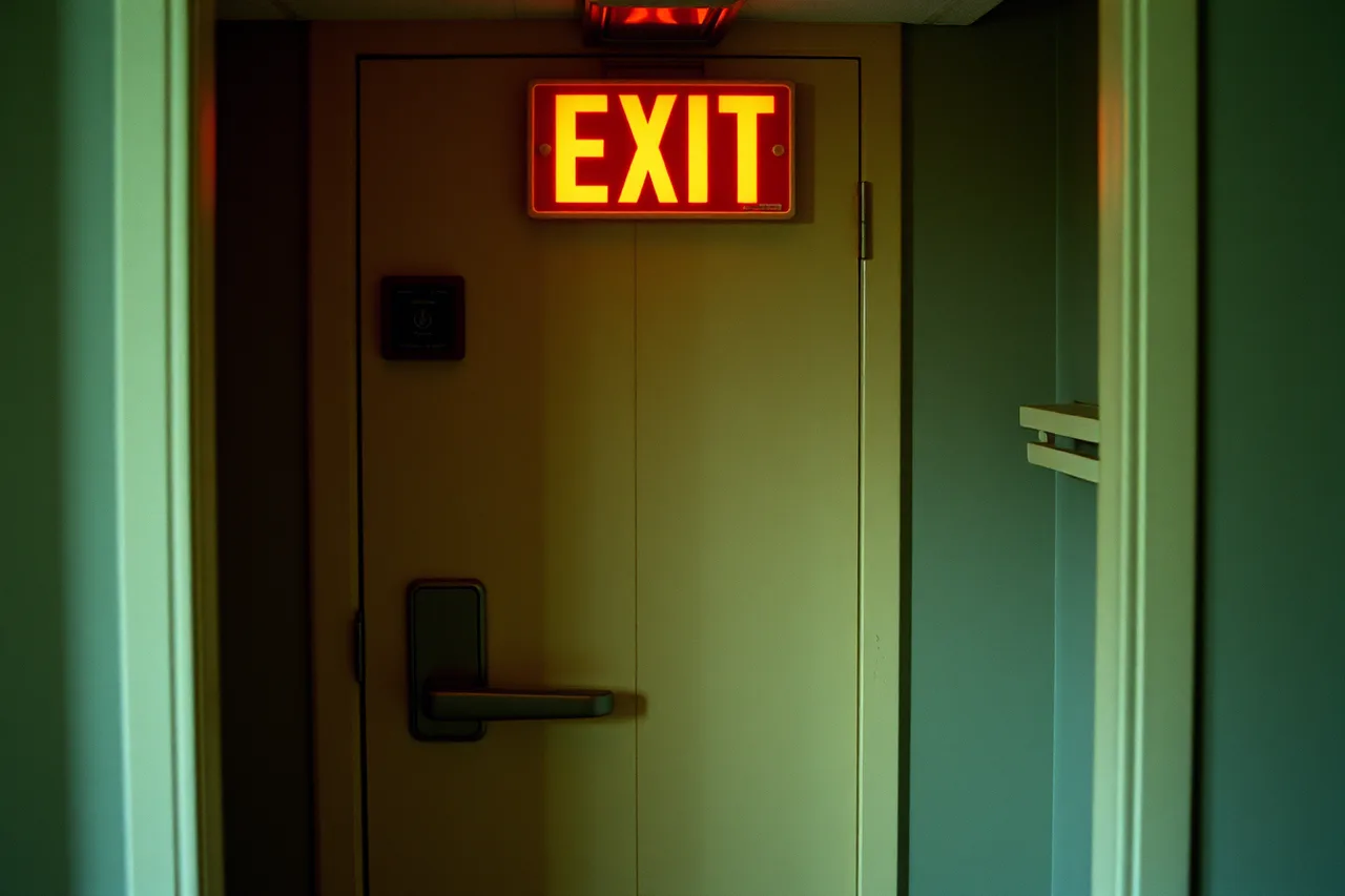 Escape room exit door with panic bar and lit EXIT sign (Escape room game master scripts: what to say and when)