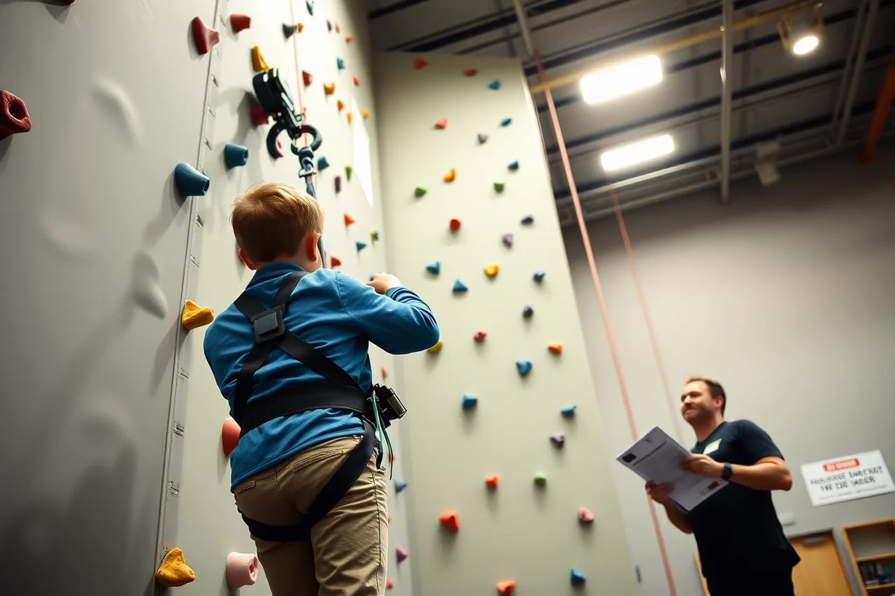 Guest in harness on indoor climbing wall with auto-belay device (OSHA, IAAPA and ASTM F2291 explained for US family entertainment centers)