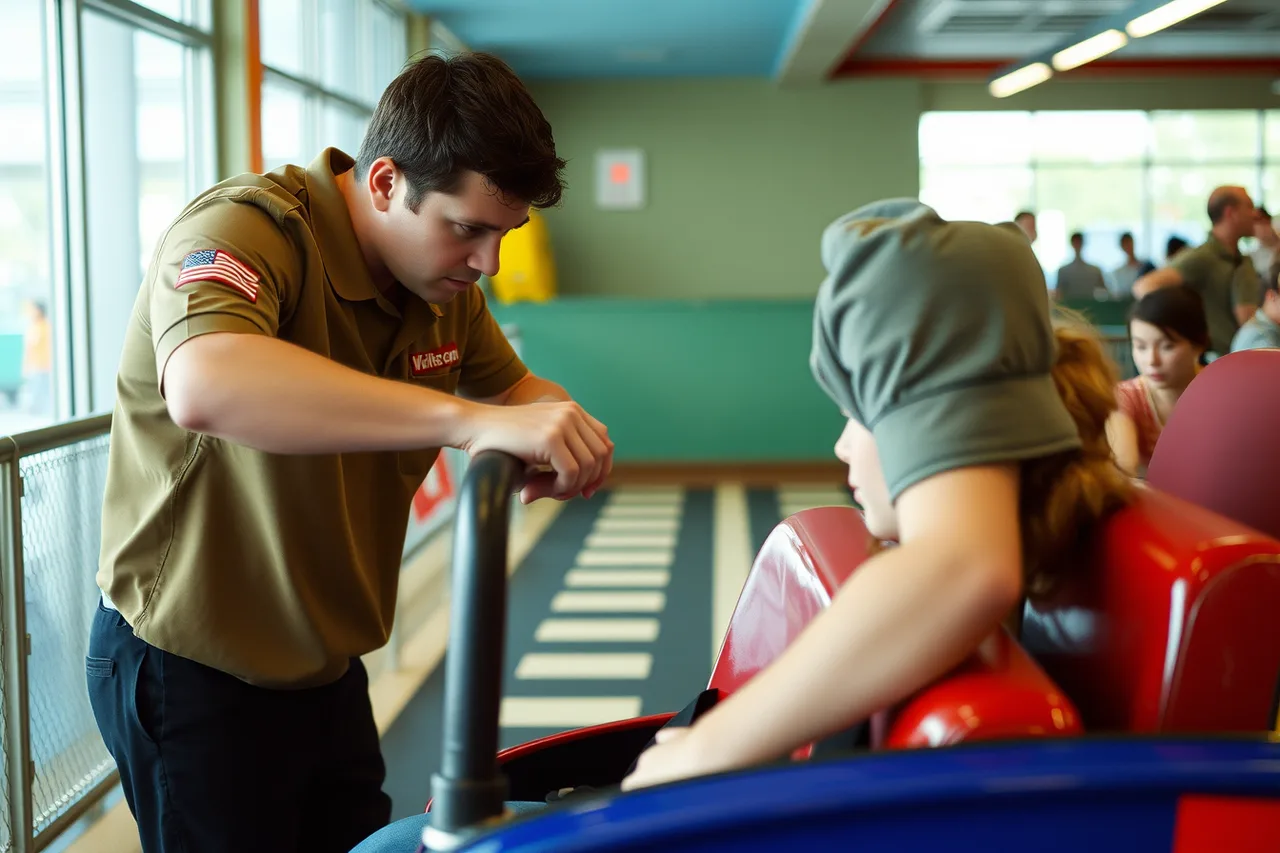 Ride operator checking a guest's lap bar restraint before dispatch (OSHA, IAAPA and ASTM F2291 explained for US family entertainment centers)